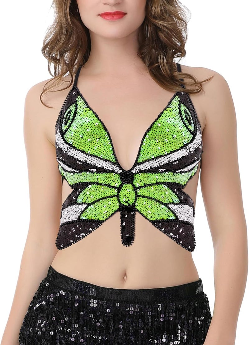 Mocure Womens Glitter Sequin Butterfly Crop Top Low-Cut Tank Top Rave Tube Vest Top for Belly Dance Costume Outfits - Image 2